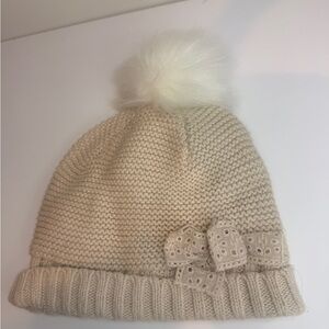Baby Girl Cream Knit Pom Pom Hat with Bow | Winter Beanie